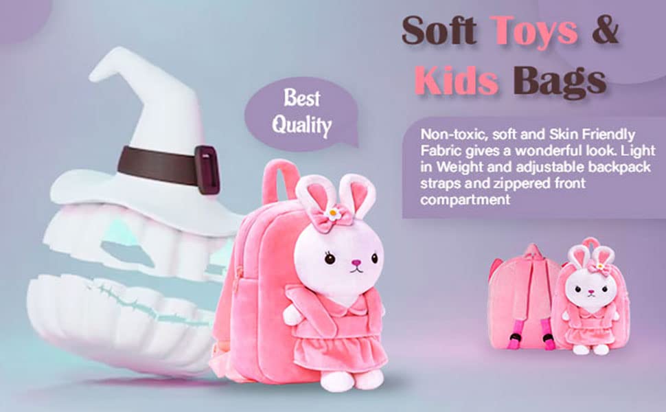 Frantic Kids Soft Animal Cartoon Travelling School Bag Soft Plush Standard 1 Compartment Backpack Boys Girls For 2 To 5 Years Boys/Girls Nursery,Preschool(Fullbodypink Rabbit) Full Size,10 Litre