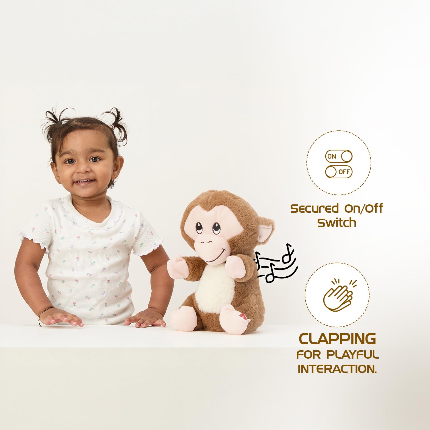 Amazon Brand - Jam & Honey Clapping Toy – Monkey | 30 cm Interactive Plush | Sound-Responsive | BIS Certified | Non-Toxic | for Kids 3+ Years