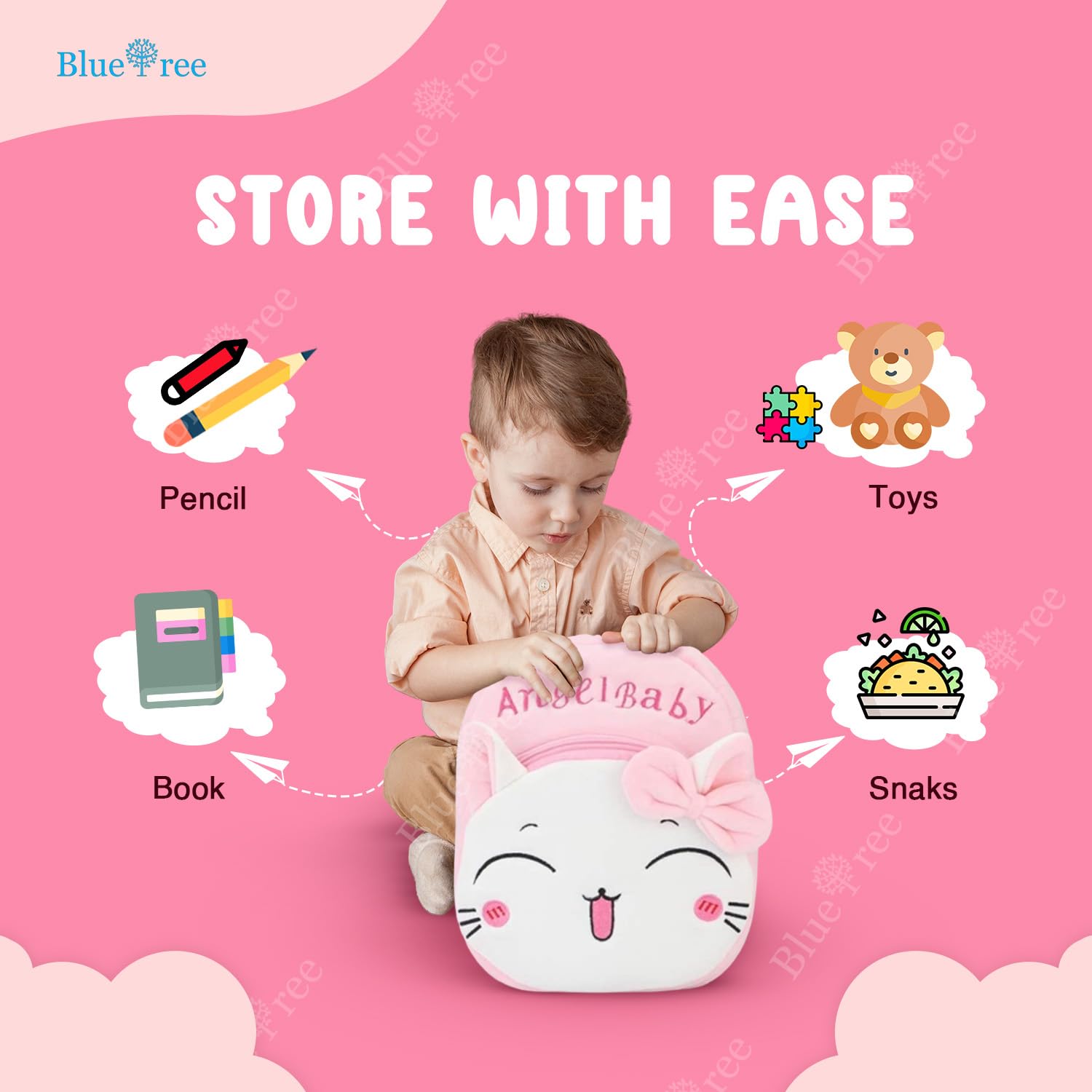 blue tree Cute Kids Backpack Toddler Bag Plush Animal Cartoon Mini Travel Bag for Baby Girl Boy 1-5 Years (small, Angel Baby Careem, Pink)