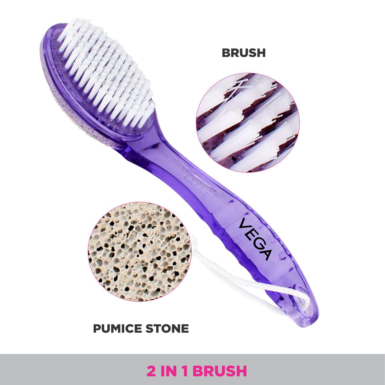 Vega Pumice Stone/Nail Brush with Handle, Color May Vary