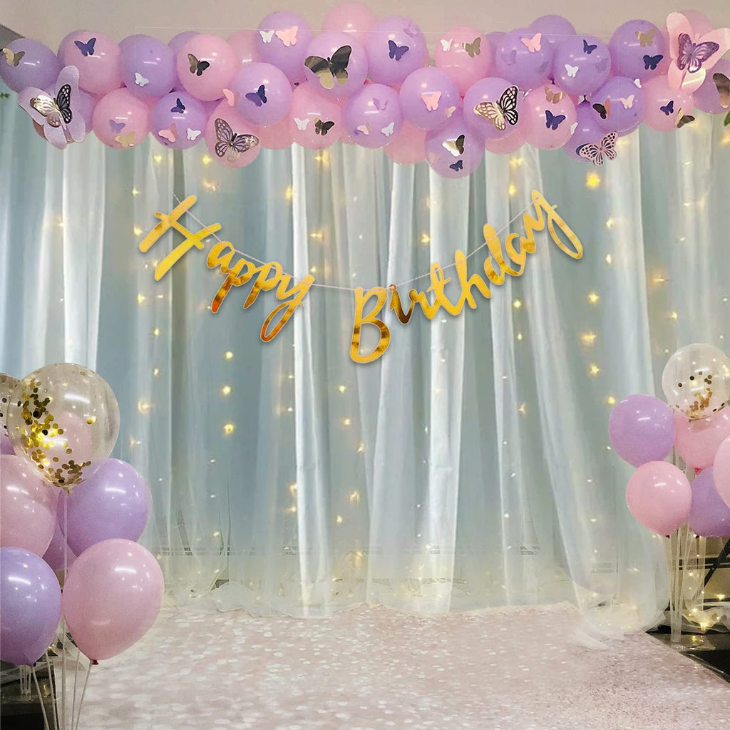Party Propz Butterfly Theme Birthday Decorations - 80 Pcs Purple Happy Birthday Decoration Kit | Purple Balloons for Girls | birthday decoration curtains