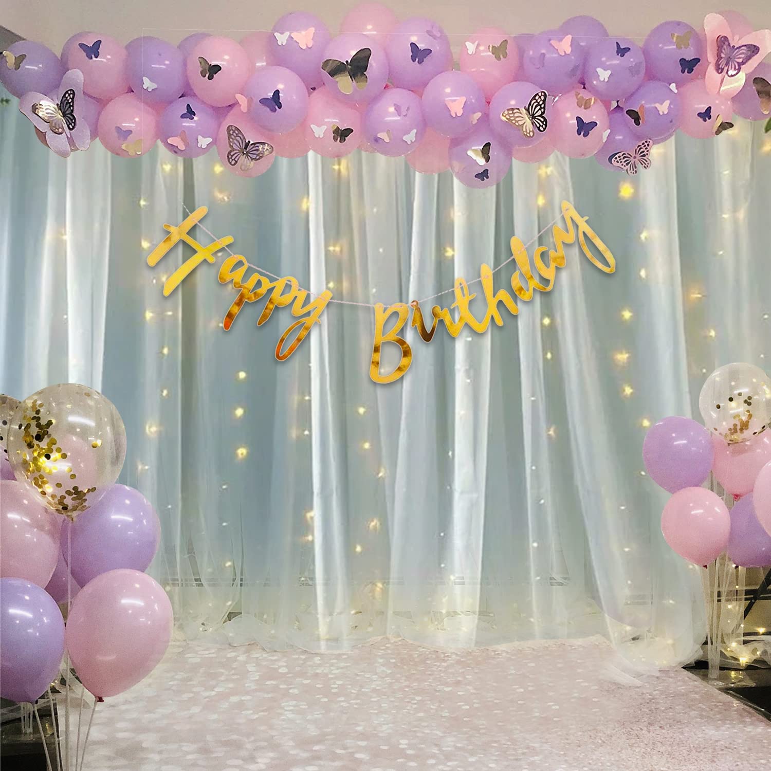 Party Propz Butterfly Theme Birthday Decorations - 80 Pcs Purple Happy Birthday Decoration Kit | Purple Balloons for Girls | birthday decoration curtains