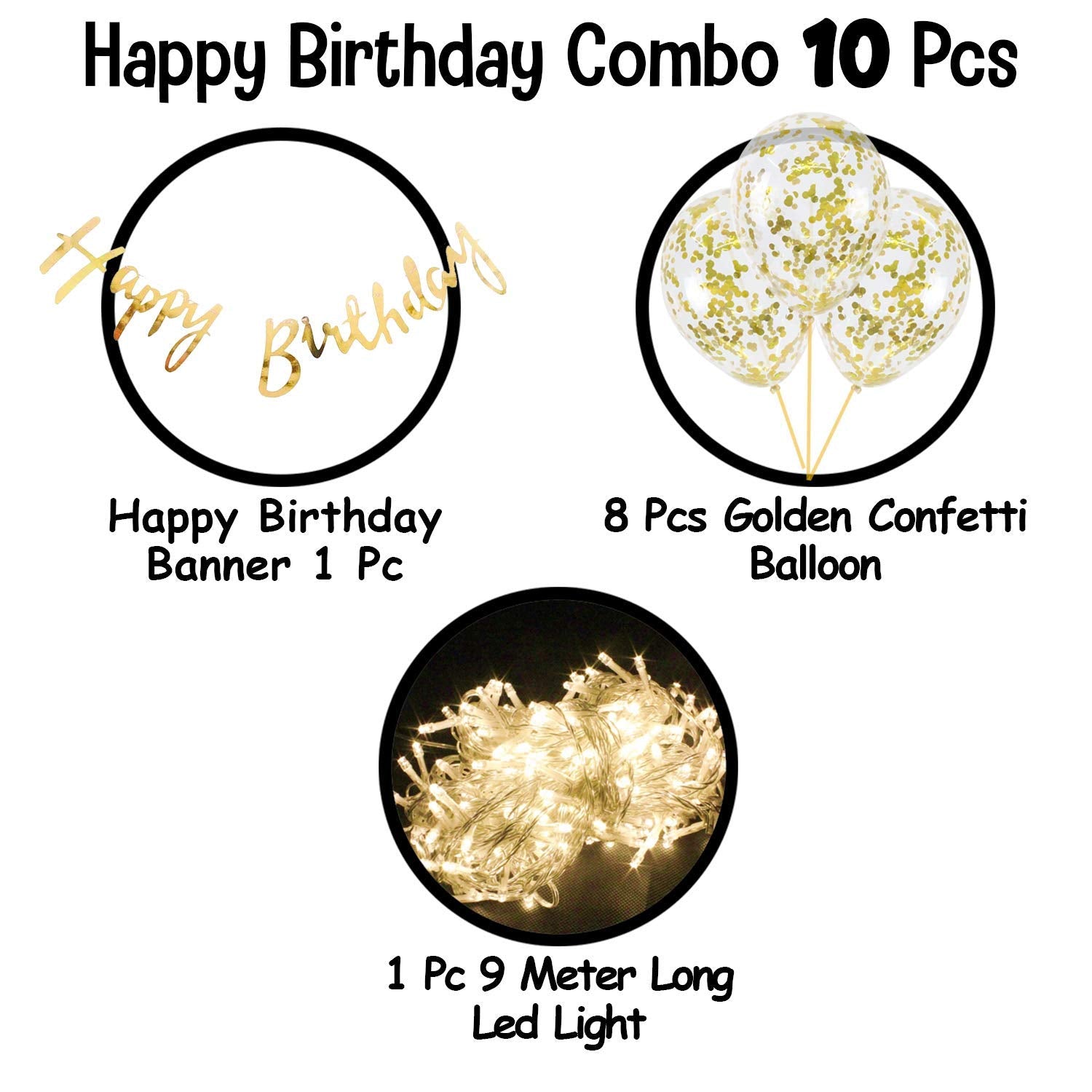 Party Propz Happy Birthday Decoration Items - Happy Birthday Banner (Cardstock)| Gold Confetti Balloons With Led Light| Decoration Items For Husband| Golden Theme Birthday Decoration Kit, 10 Pieces