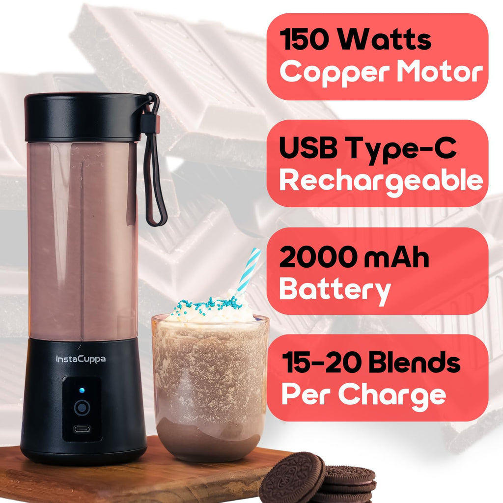 InstaCuppa Portable Blender for Smoothie and Juices, Milk Shakes, Crushing Ice, USB Rechargeable Blender Machine for Kitchen with 2000 mAh Battery, 150 W Motor, 400 ML, Built-in Jar (Normal Edition)