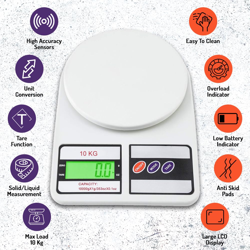 Atom 10Kg Kitchen Weight Machine 6 Months Manufacturer Warranty, Digital Scale with LCD Display, Scale for Home Baking, Cooking & Balance Diet. Machine with capacity 10Kg, SF400/A121,Color May Vary