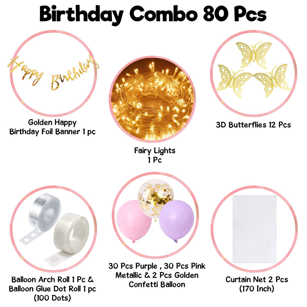 Party Propz Butterfly Theme Birthday Decorations - 80 Pcs Purple Happy Birthday Decoration Kit | Purple Balloons for Girls | birthday decoration curtains