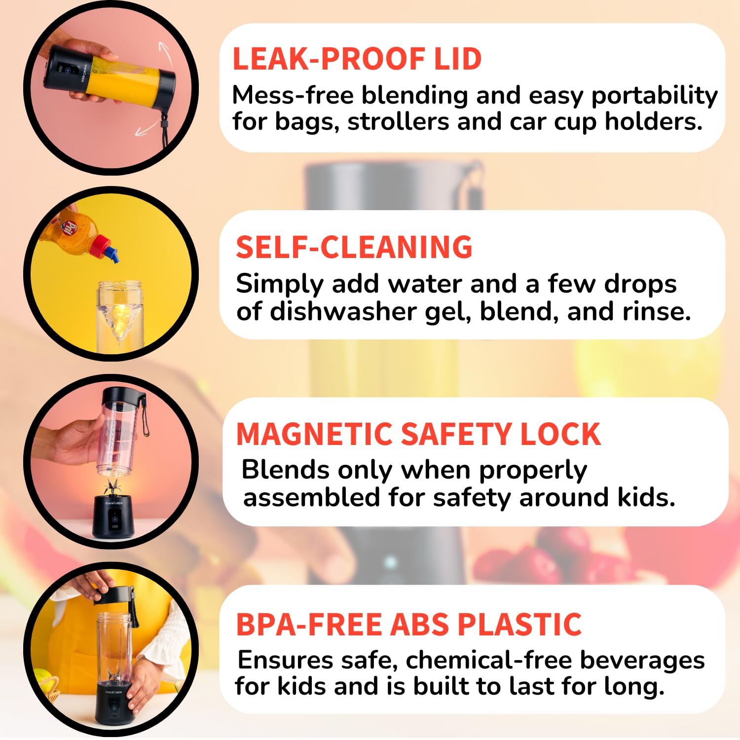 InstaCuppa Portable Blender for Smoothie and Juices, Milk Shakes, Crushing Ice, USB Rechargeable Blender Machine for Kitchen with 2000 mAh Battery, 150 W Motor, 400 ML, Built-in Jar (Normal Edition)