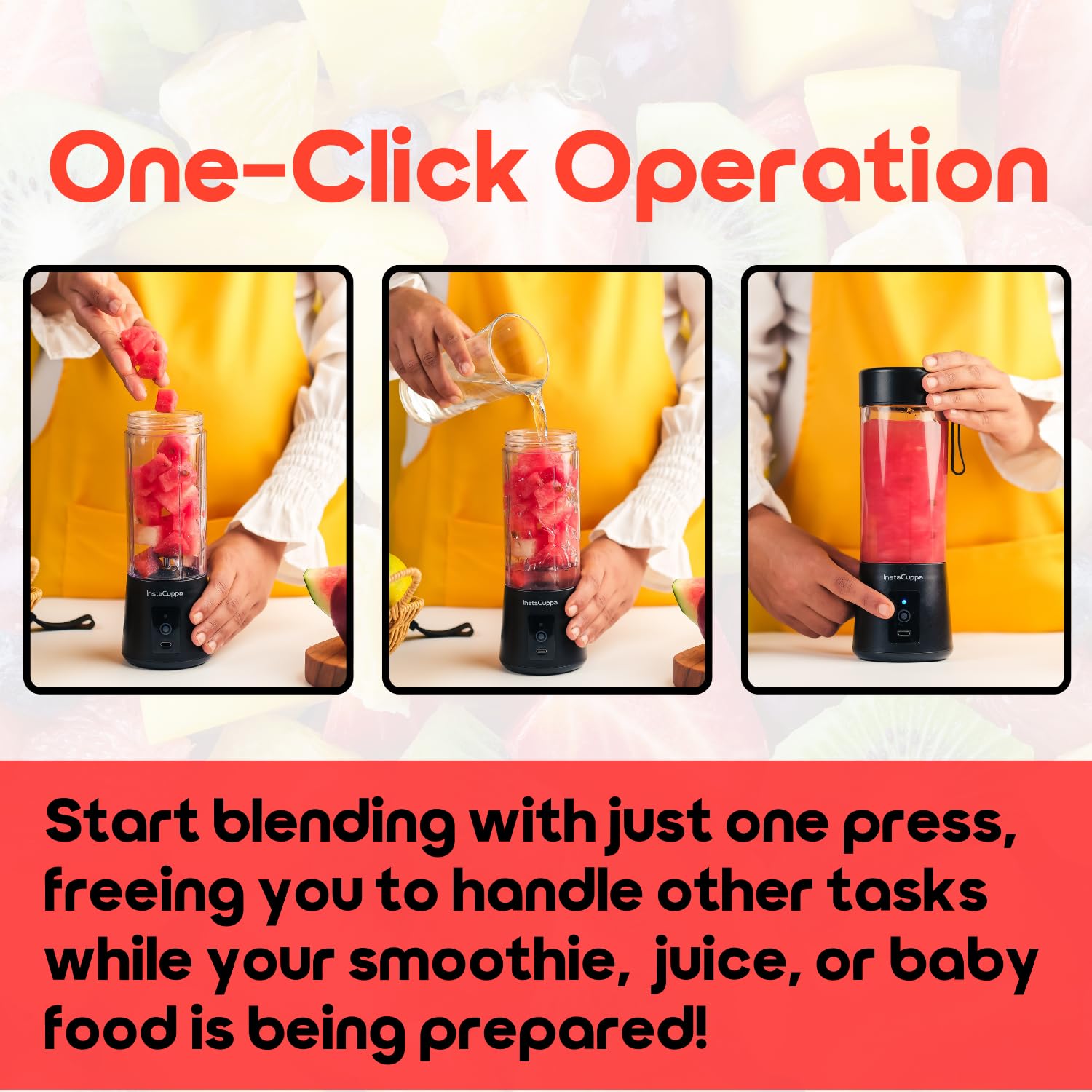 InstaCuppa Portable Blender for Smoothie and Juices, Milk Shakes, Crushing Ice, USB Rechargeable Blender Machine for Kitchen with 2000 mAh Battery, 150 W Motor, 400 ML, Built-in Jar (Normal Edition)