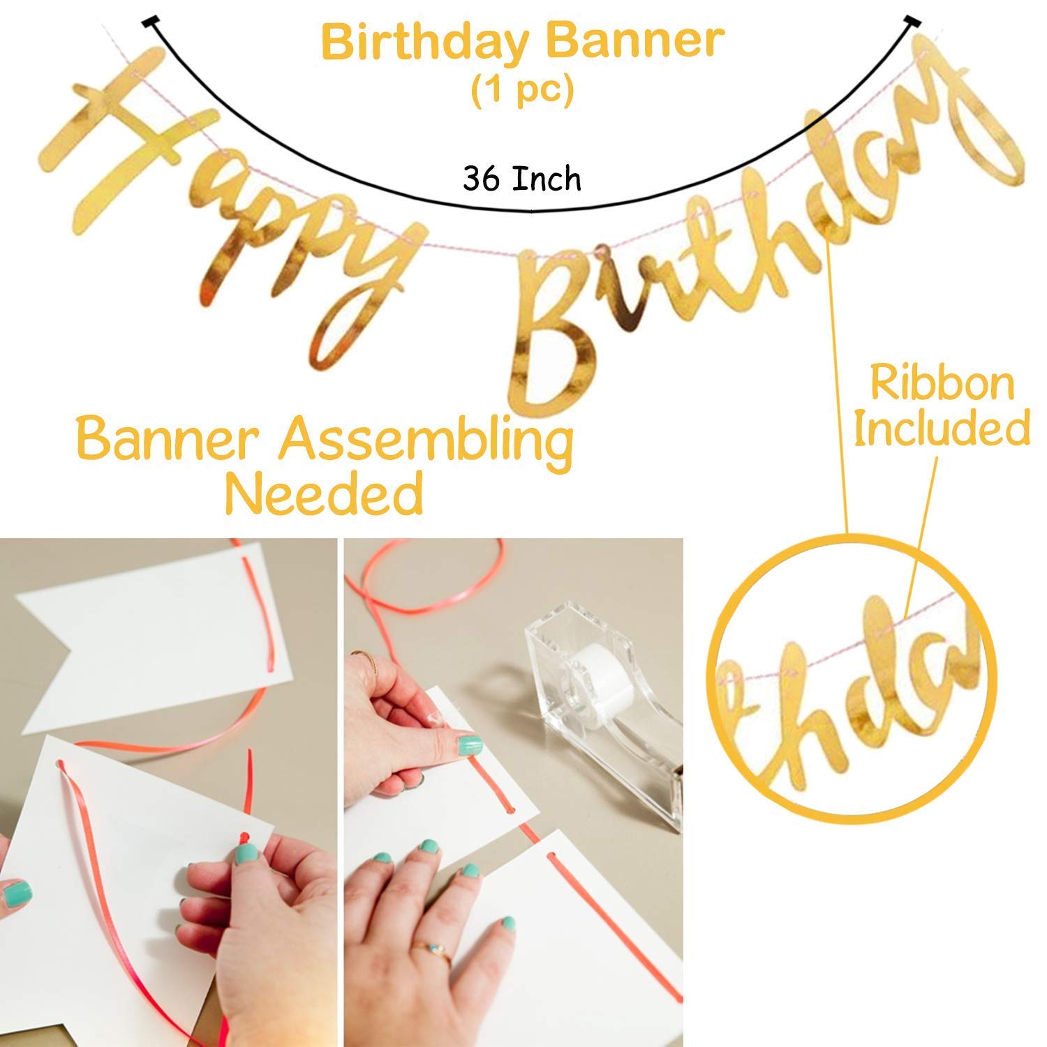 Party Propz Happy Birthday Decoration Items - Happy Birthday Banner (Cardstock)| Gold Confetti Balloons With Led Light| Decoration Items For Husband| Golden Theme Birthday Decoration Kit, 10 Pieces