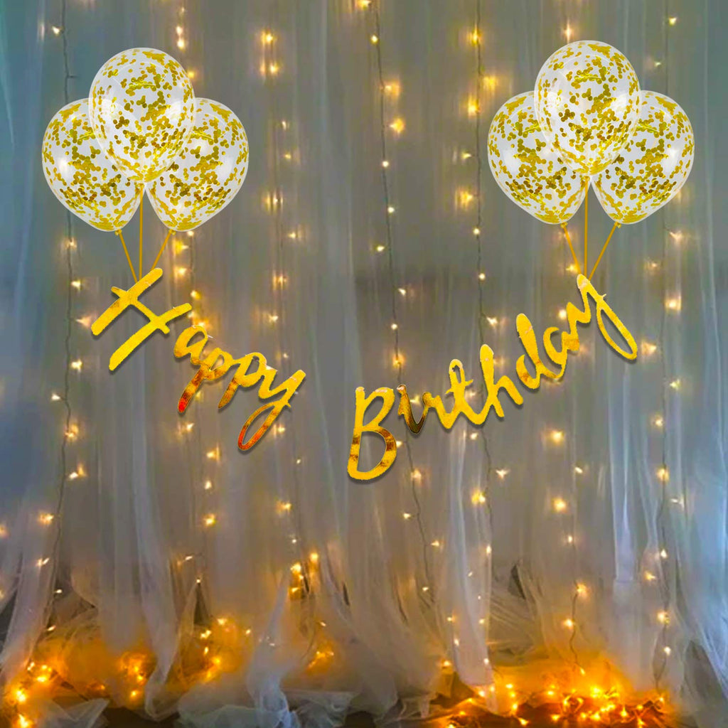 Party Propz Happy Birthday Decoration Items - Happy Birthday Banner (Cardstock)| Gold Confetti Balloons With Led Light| Decoration Items For Husband| Golden Theme Birthday Decoration Kit, 10 Pieces