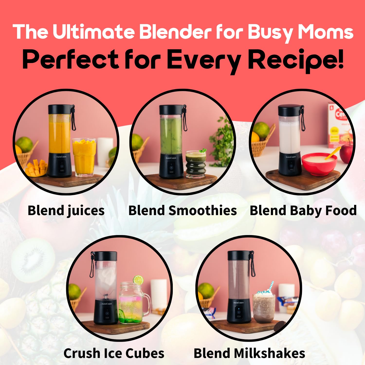 InstaCuppa Portable Blender for Smoothie and Juices, Milk Shakes, Crushing Ice, USB Rechargeable Blender Machine for Kitchen with 2000 mAh Battery, 150 W Motor, 400 ML, Built-in Jar (Normal Edition)