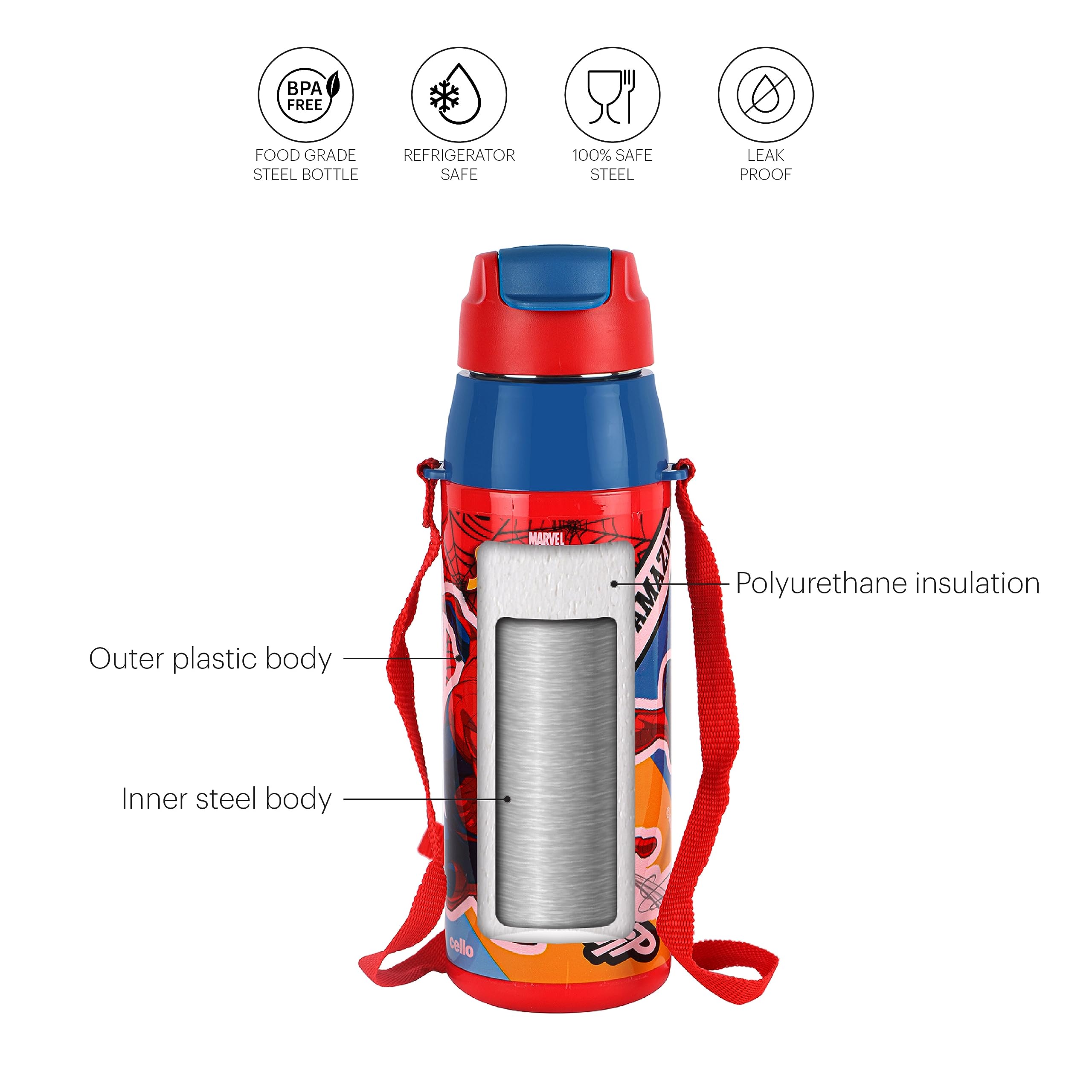 CELLO Puro Steel-X Hydra Kid 600 Inner Steel Insulated Water Bottle 520ml, Red | Spiderman Print | ISI Certified, Leakproof | Easy to Carry with Loop | Insulated Cold Water Bottle For School, Picnic