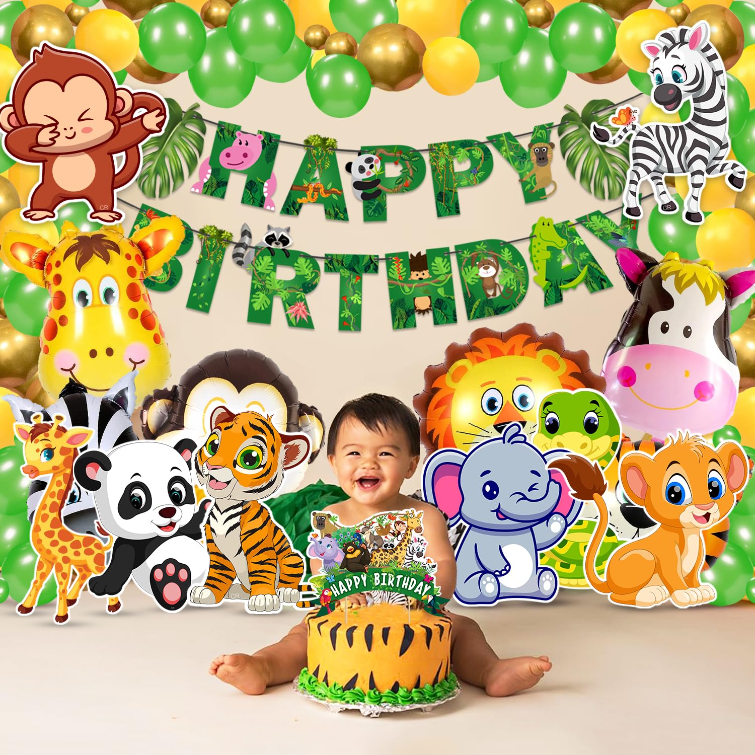 Zyozique Jungle Safari Birthday Decoration Kids,Animal Birthday Party Decoration Paper Bunting Banner with Balloons, Cake Topper,Foil Balloons, Cardstock Cutout,Glue & Arch Kit (Pack of 68)