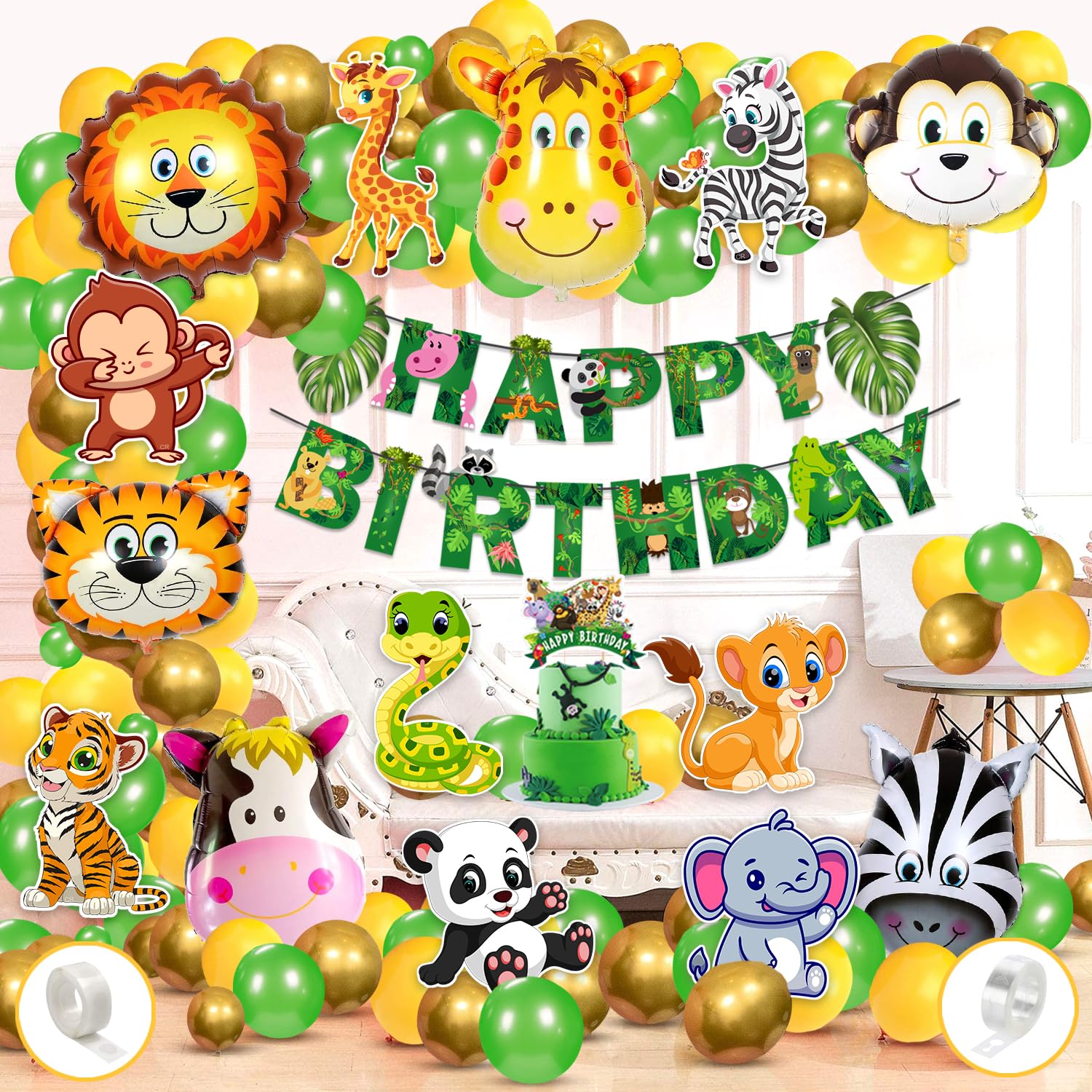 Zyozique Jungle Safari Birthday Decoration Kids,Animal Birthday Party Decoration Paper Bunting Banner with Balloons, Cake Topper,Foil Balloons, Cardstock Cutout,Glue & Arch Kit (Pack of 68)