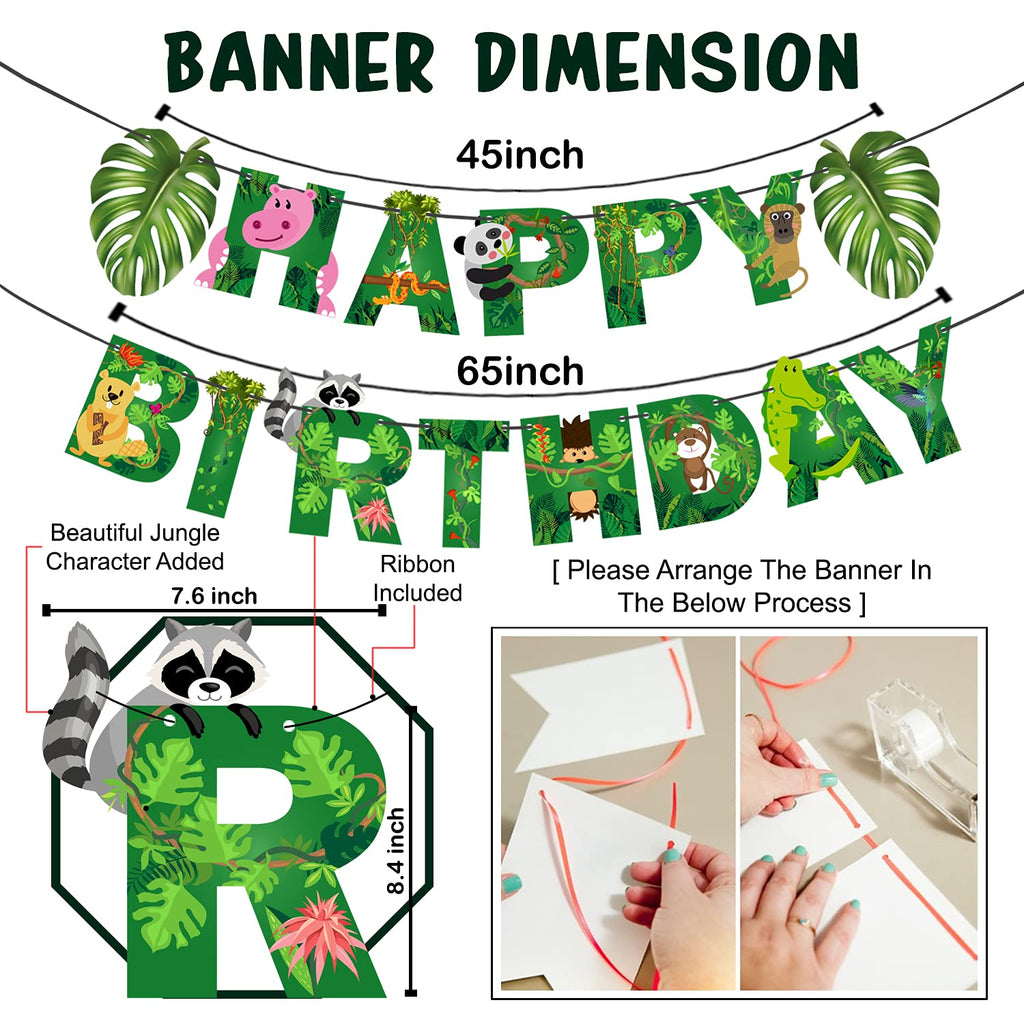 Zyozique Jungle Safari Birthday Decoration Kids,Animal Birthday Party Decoration Paper Bunting Banner with Balloons, Cake Topper,Foil Balloons, Cardstock Cutout,Glue & Arch Kit (Pack of 68)