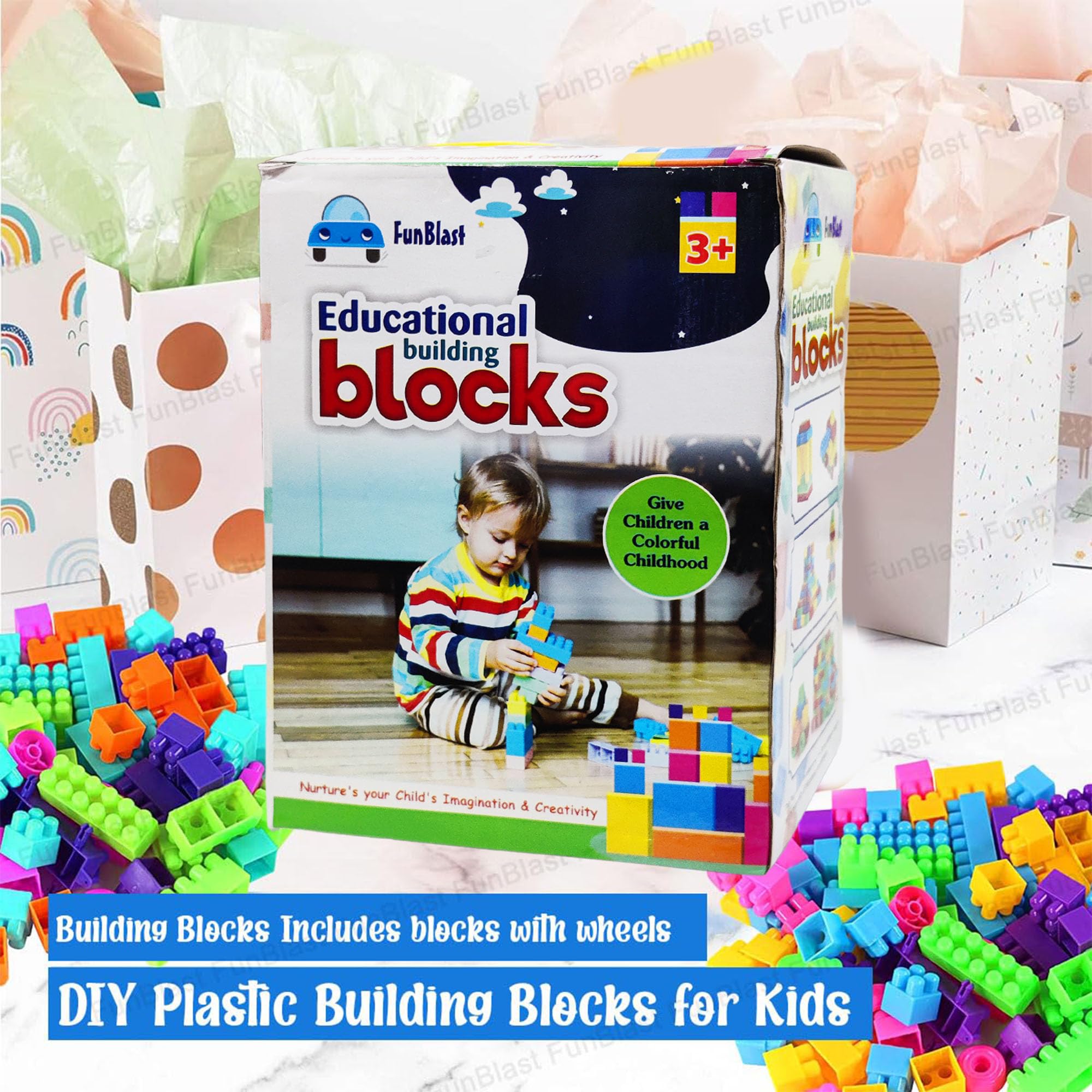 FunBlast DIY Plastic Building Blocks for Kids Building Blocks Toy for Kids Puzzle Games for Kid,Toys for Children Educational & Learning Toy for Kid,Girls & Boys -(250 Pieces Blocks with 38 Wheels)