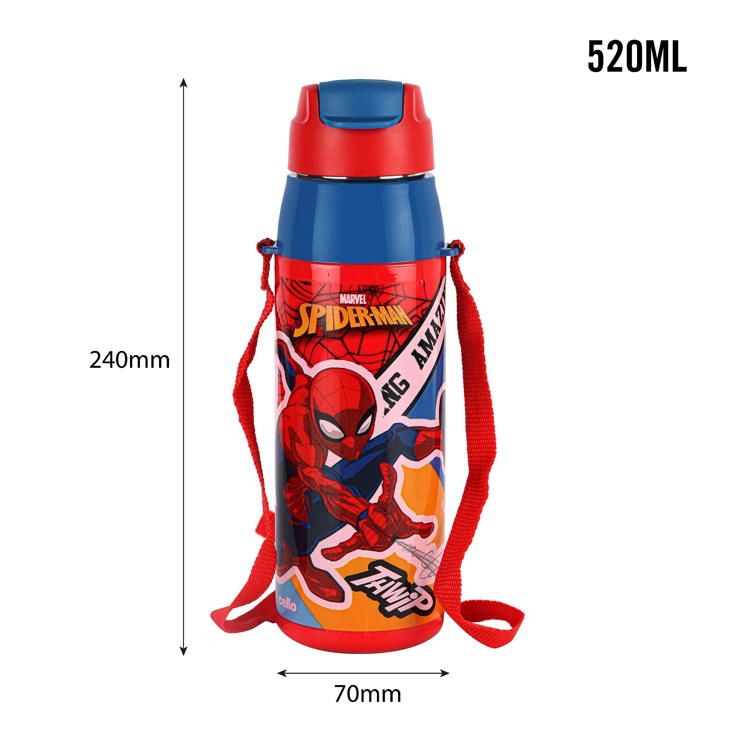 CELLO Puro Steel-X Hydra Kid 600 Inner Steel Insulated Water Bottle 520ml, Red | Spiderman Print | ISI Certified, Leakproof | Easy to Carry with Loop | Insulated Cold Water Bottle For School, Picnic