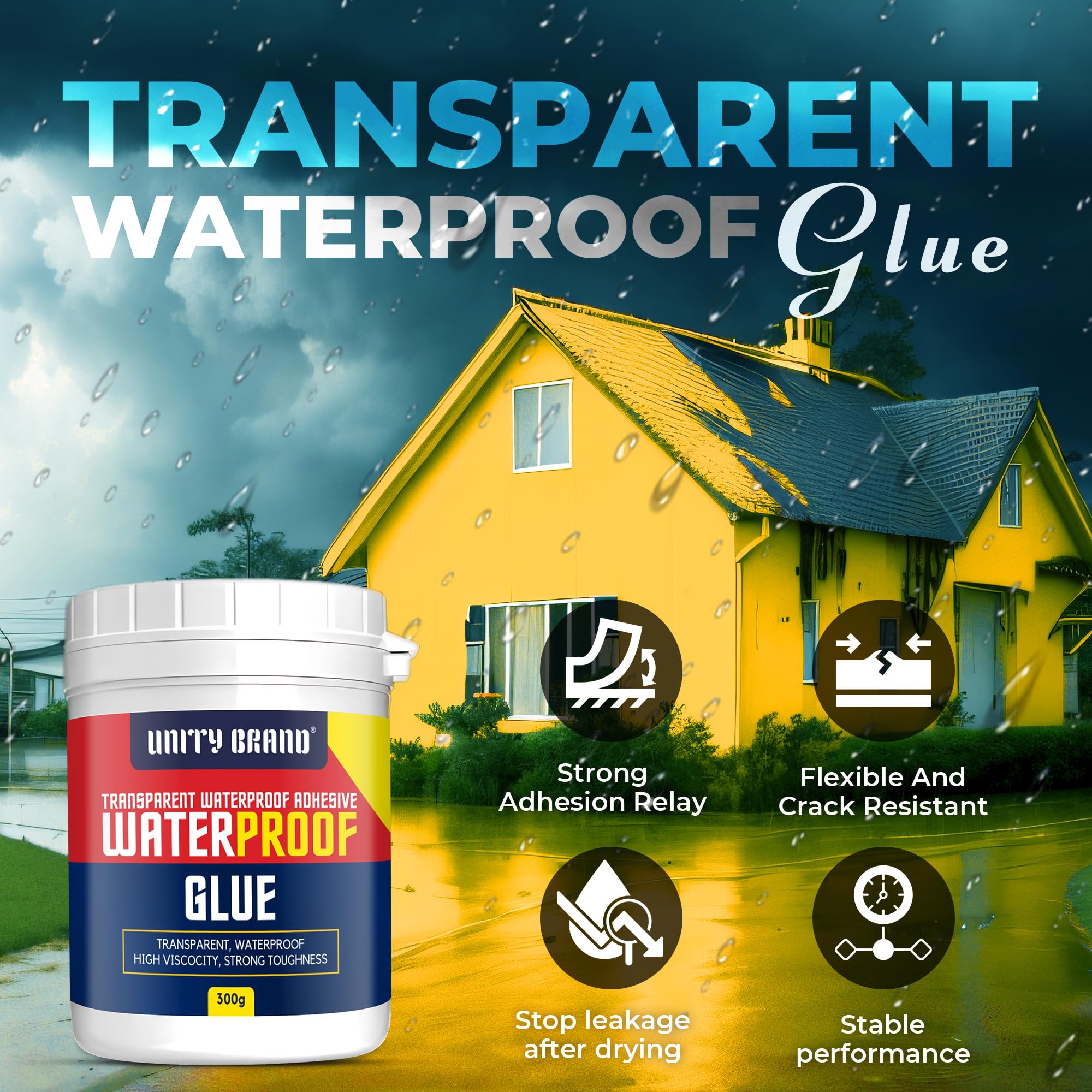 UB UNITY BRAND Crack Seal Glue 300gm with Brush Transparent Waterproof Resin Epoxy for Roof Leakage Crack Seal Agent Roof Water Leakage Solution Water Proof Glue for Waterproofing (300 GM / 1 PACK)