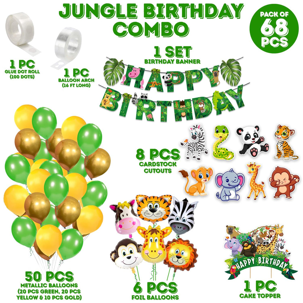Zyozique Jungle Safari Birthday Decoration Kids,Animal Birthday Party Decoration Paper Bunting Banner with Balloons, Cake Topper,Foil Balloons, Cardstock Cutout,Glue & Arch Kit (Pack of 68)