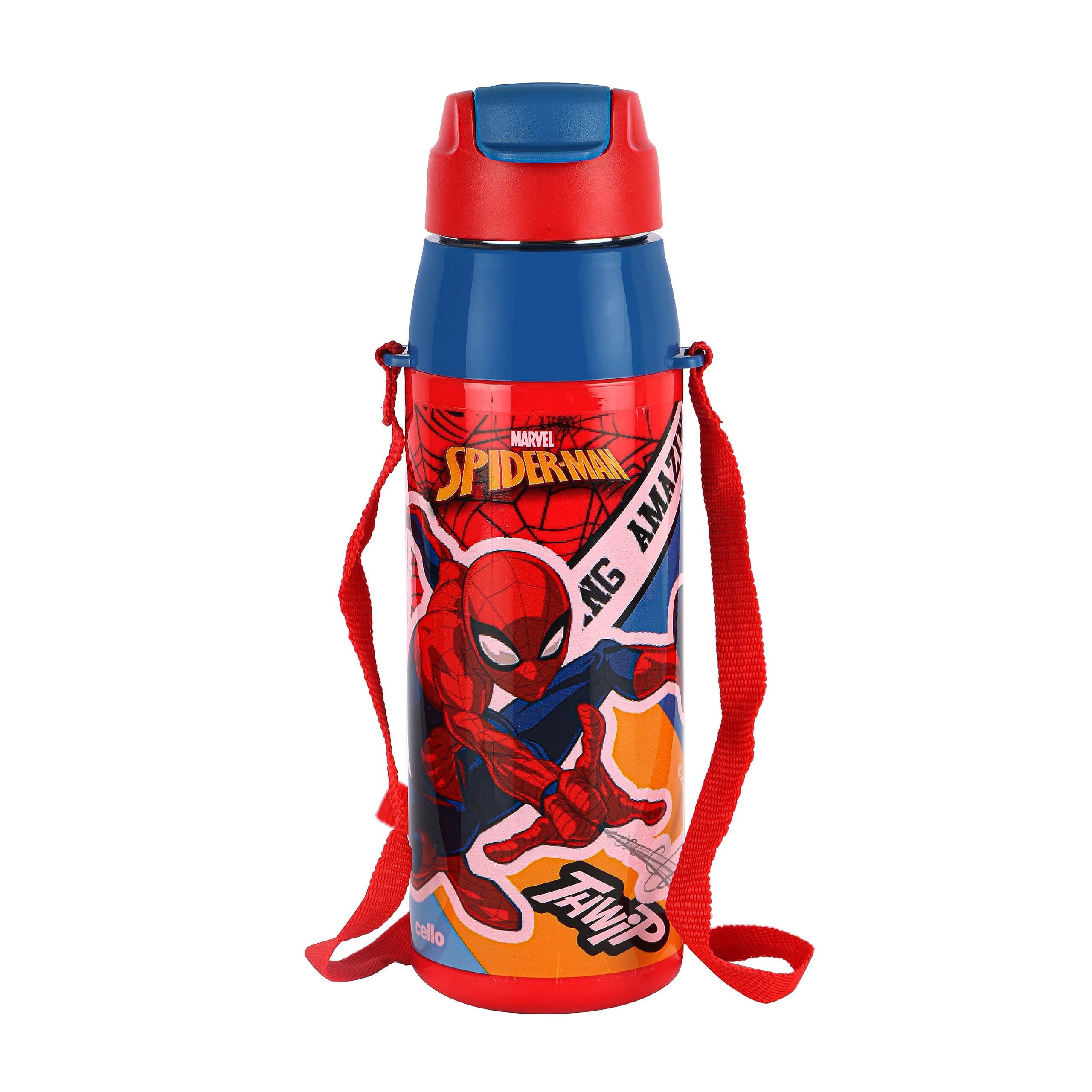 CELLO Puro Steel-X Hydra Kid 600 Inner Steel Insulated Water Bottle 520ml, Red | Spiderman Print | ISI Certified, Leakproof | Easy to Carry with Loop | Insulated Cold Water Bottle For School, Picnic